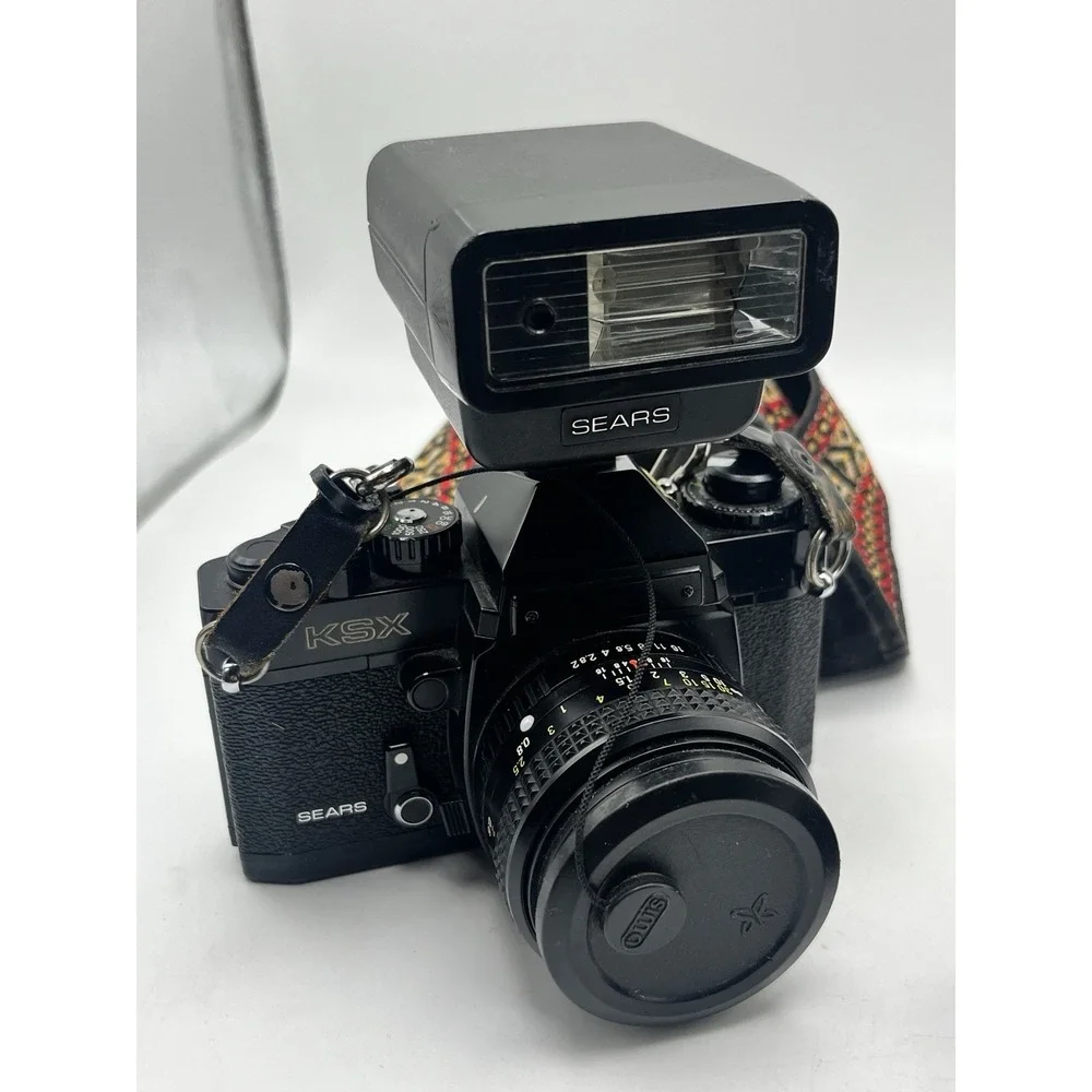 Vintage SEARS KSX Super 35mm SLR Film Camera w/ 2 Lenses, Flash, & Case